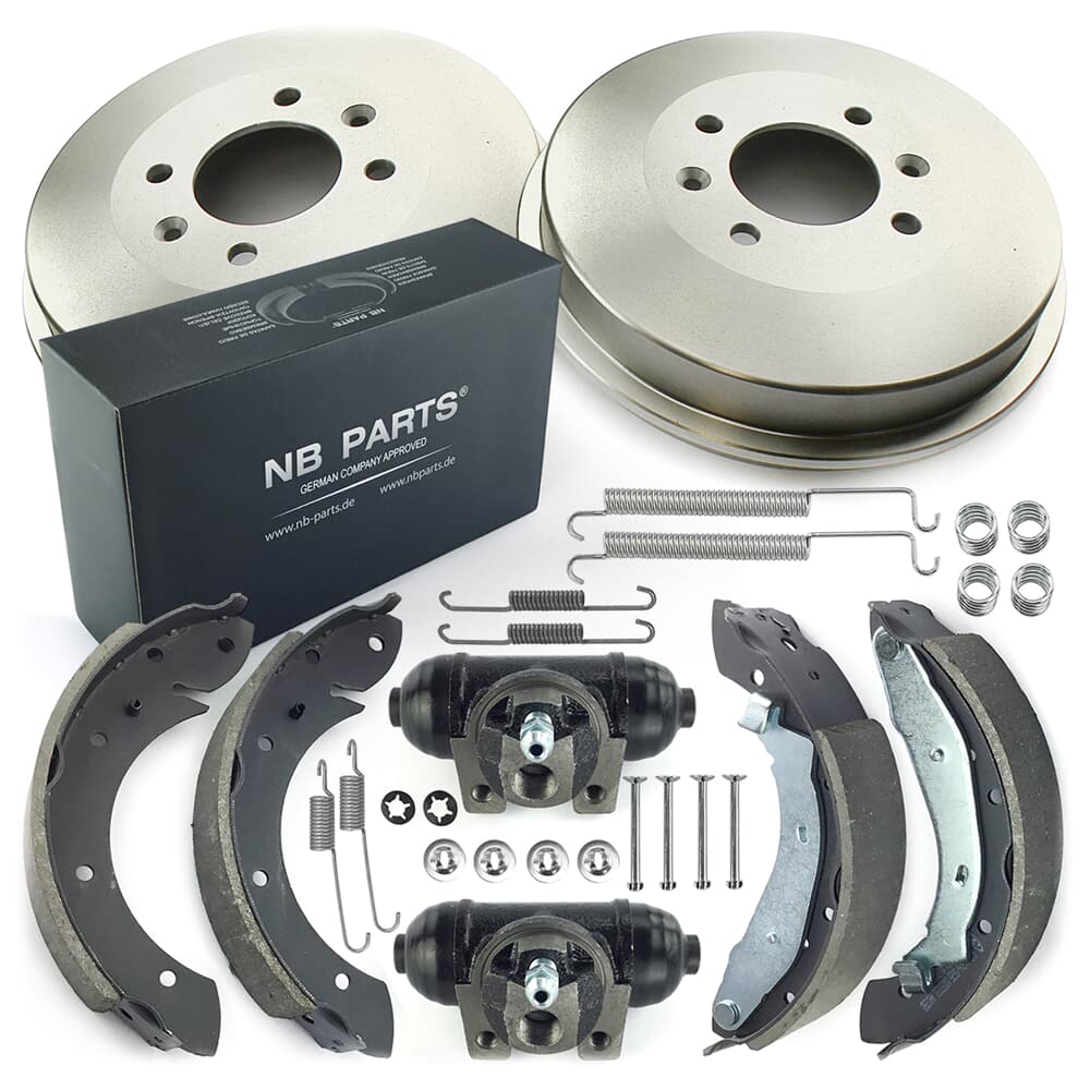 NB PARTS Bremsetromler + bremsesko + hjulbremsesylinder + tilbehørssett bak NB PARTS Bremsetromler + bremsesko + hjulbremsesylinder + tilbehørssett bak