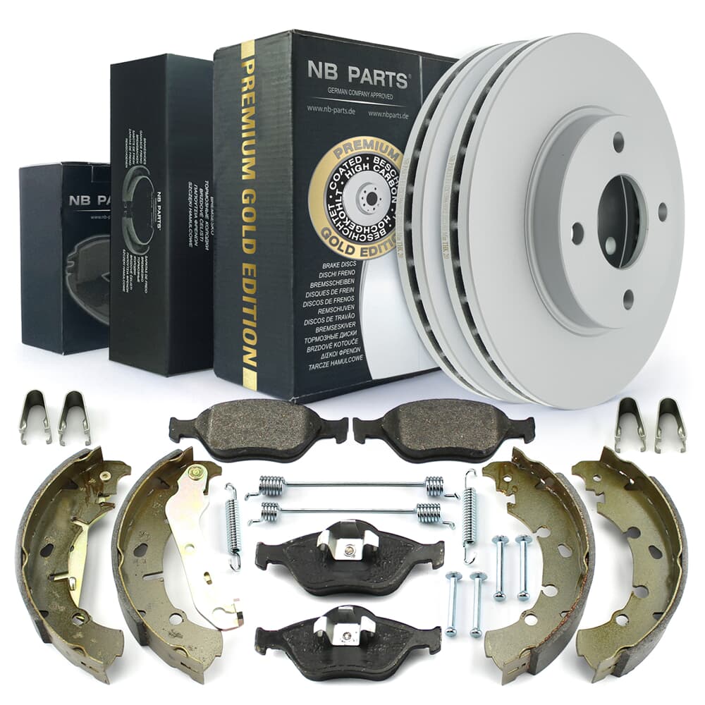 NB PARTS Bremsscheiben + Bremsbeläge + Bremsbacken + Zubehörsatz Premium Gold Edition vorne + hinten NB PARTS Bremsscheiben + Bremsbeläge + Bremsbacken + Zubehörsatz Premium Gold Edition vorne + hinten