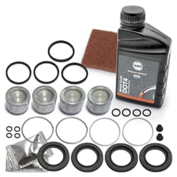 FRENKIT 2x Reparatursatz Bremssattel + Bremsflüssigkeit + Schleifvlies vorne + hinten