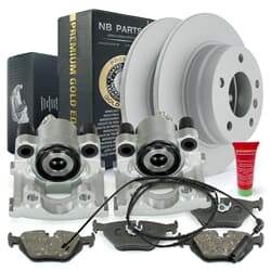 NB PARTS Bremsscheiben + Bremsbeläge + Bremssättel + Warnkontakt Premium Gold Edition hinten