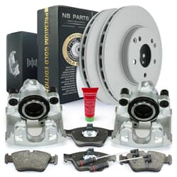 NB PARTS Bremsscheiben + Bremsbeläge + Bremssättel + Warnkontakte Premium Gold Edition vorne