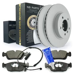 NB PARTS Bremsscheiben + Bremsbeläge + Warnkontakt + Plastilube Premium Gold Edition vorne