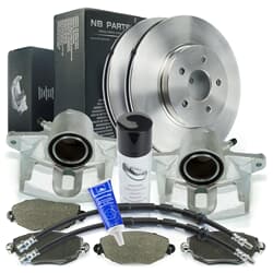 NB PARTS Bremsscheiben + Bremsbeläge + Bremssättel + Bremsschläuche + Bremsenreiniger + Plastilube vorne
