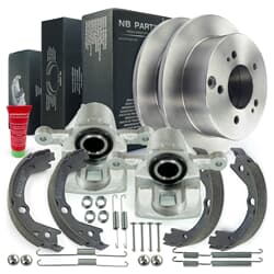 NB PARTS Bremsscheiben + Bremssättel + Bremsbacken + Zubehörsatz radseitig